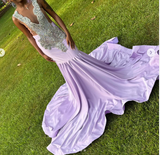 Niulatu Jewel Mermaid Lilac Long Prom Dresses Beaded Satin Lilac Evening Dresses HZ1026