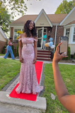 Niulatu Spaghetti Strap Mermaid Pink Long Prom Dresses Tulle Applique Pink Long Birthday Dresses HZ1026
