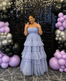 Niulatu Strapless A-Line Blue Long Prom Dresses Glitter Tulle Blue Eevning Dresses HZ1026