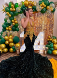 Niulatu Jewel Mermaid Dark Green Long Prom Dresses Velvet Sequin Dark Green Evening Dresses HZ1026