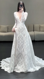 Niulatu V-neck Mermaid Wedding Dresses with Train Lace Applique White Bridal Gowns Long Sleeve Bridal Dresses HZ1026