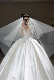 Niulatu V-neck Ball Gown Long Wedding Dresses Satin White Bridal Gowns Long Sleeve Bridal Dresses HZ1026