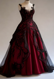 Niulatu Strap Ball Gown Lace Long Prom Dresses Burgundy Sweet 16 Dresses HZ1026