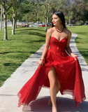 Niulatu Spaghetti Strap A-Line Long Prom Dress, Glitter Tulle Red Evening Dress with Slit HZ1026