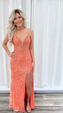 Niulatu V-neck Sheath Long Prom Dress Beading Coral Evening Dress with Slit HZ1026