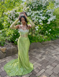 Niulatu Sweetheart Neck Sheath Long Prom Dresses Tulle Sequins Green Evening Dresses HZ1026