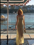 Niulatu Spaghetti Strap Sheath Long Prom Dresses Chiffon Yellow Birthday Dresses HZ1026