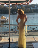 Niulatu Spaghetti Strap Sheath Long Prom Dresses Chiffon Yellow Birthday Dresses HZ1026