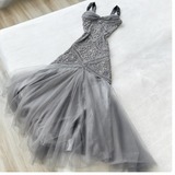 Niulatu Spaghetti Strap Mermaid Long Prom Dresses Tulle Gray Birthday Dresses HZ1026