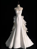 Niulatu Strapless Mermaid Long Wedding Dress Sleeveless White Bridal Gown Satin Bride Dress HZ1026