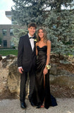 Niulatu Spaghetti Strap Sheath Long Prom Dress with Slit, Satin Black Formal Dress HZ1026