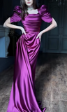 Niulatu Sheath Grape Long Prom Dresses Satin Grape Wedding Guest Dresses with Short Sleeves HZ1026