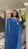 Niulatu Off Shoulder Sheath Blue Long Prom Dresses Chiffon Blue Wedding Guest Dresses HZ1026