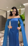 Niulatu Off Shoulder Sheath Blue Long Prom Dresses Chiffon Blue Wedding Guest Dresses HZ1026