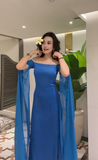 Niulatu Off Shoulder Sheath Blue Long Prom Dresses Chiffon Blue Wedding Guest Dresses HZ1026