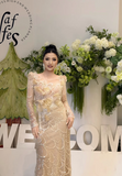 Niulatu Sheath Long Prom Dresses Tulle Sequin Champagne Wedding Guest Dresses HZ1026