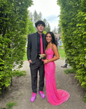 Niulatu Spaghetti Strap Sheath Long Prom Dresses with Slits Sequin Fuchsia Formal Dresses HZ1026