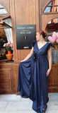 Niulatu V-neck Sheath Navy Blue Mother of the Bride Dresses Satin Navy Blue Wedding Guest Dresses HZ1026