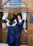 Niulatu V-neck Sheath Navy Blue Mother of the Bride Dresses Satin Navy Blue Wedding Guest Dresses HZ1026