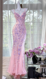 Niulatu Spaghetti Strap Mermaid Pink Long Prom Dresses Chiffon Beaded Pink Formal Dresses HZ1026