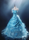 Niulatu Strapless Ball Gown Blue Long Prom Dresses Satin Blue Quinceanera Dresses Sweet 16 Dress HZ1026