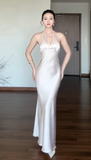 Niulatu V neck Sheath Long Prom Dresses Satin Wedding Guest Dresses HZ1026