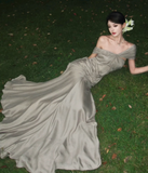 Niulatu Off Shoulder Sheath Long Prom Dresses Silk Formal Dresses HZ1026