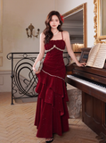 Niulatu Spaghetti Strap Sheath Burgundy Long Prom Dresses Burgundy Birthday Dresses Ruffle Velvet Sleeveless New Year's Evening Dress HZ1026