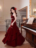 Niulatu Spaghetti Strap Sheath Burgundy Long Prom Dresses Burgundy Birthday Dresses Ruffle Velvet Sleeveless New Year's Evening Dress HZ1026