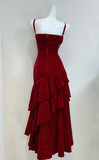 Niulatu Spaghetti Strap Sheath Burgundy Long Prom Dresses Burgundy Birthday Dresses Ruffle Velvet Sleeveless New Year's Evening Dress HZ1026
