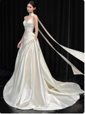 Niulatu Strapless Satin Long Wedding Dresses Sleeveless White Bridal Gowns HZ1026