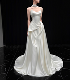 Niulatu Strapless Satin Long Wedding Dresses Sleeveless White Bridal Gowns HZ1026