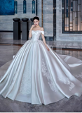 Niulatu Off-the-shoulder Ball Gown Satin Long Wedding Dresses Applique White Bridal Gowns Short Sleeve Bridal Dresses HZ1026