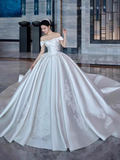 Niulatu Off-the-shoulder Ball Gown Satin Long Wedding Dresses Applique White Bridal Gowns Short Sleeve Bridal Dresses HZ1026