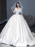 Niulatu Off-shoulder Ball Gown Satin Long Wedding Dresses White Bridal Gowns Short Sleeve Bridal Dresses HZ1026