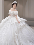 Niulatu Off-the-shoulder Ball Gown Lace Long Wedding Dresses Applique White Bridal Gowns Short Sleeve Bridal Dresses HZ1026
