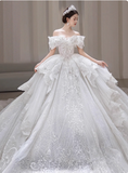 Niulatu Off-the-shoulder Ball Gown Lace Long Wedding Dresses Applique White Bridal Gowns Short Sleeve Bridal Dresses HZ1026