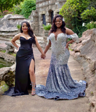 Niulatu Sweetheart Sheath Black Long Prom Dresses with Slit Beaded Satin Black Evening Dresses HZ1026