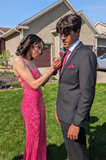 Niulatu Spaghetti Strap Sheath Fuchsia Long Prom Dresses with Slits Fuchsia Formal Dresses HZ1026