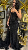 Niulatu Strapless Sheath Black Long Prom Dresses with Slits Beaded Tulle Black Birthday Dresses HZ1026