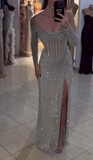 Niulatu Off-the-shoulder Sheath Silver Long Prom Dresses with Slits Sequined Silver Evening Dresses HZ1026