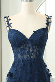 Niulatu Elegant Sweetheart Neck Tulle Lace Dark Blue Long Prom Dress, Dark Blue Long Evening Dress HZ1026