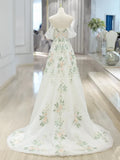 Niulatu Off Shoulder Tulle Lace Applique White Long Prom Dress, White Long Formal Dress HZ1026