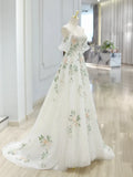 Niulatu Off Shoulder Tulle Lace Applique White Long Prom Dress, White Long Formal Dress HZ1026