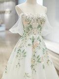 Niulatu Off Shoulder Tulle Lace Applique White Long Prom Dress, White Long Formal Dress HZ1026