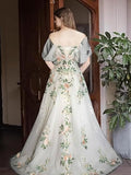 Niulatu Off Shoulder Tulle Lace Applique White Long Prom Dress, White Long Formal Dress HZ1026