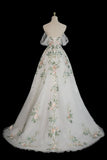 Niulatu Off Shoulder Tulle Lace Applique White Long Prom Dress, White Long Formal Dress HZ1026