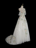 Niulatu Off Shoulder Tulle Lace Applique White Long Prom Dress, White Long Formal Dress HZ1026