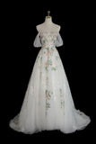 Niulatu Off Shoulder Tulle Lace Applique White Long Prom Dress, White Long Formal Dress HZ1026