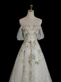 Niulatu Off Shoulder Tulle Lace Applique White Long Prom Dress, White Long Formal Dress HZ1026